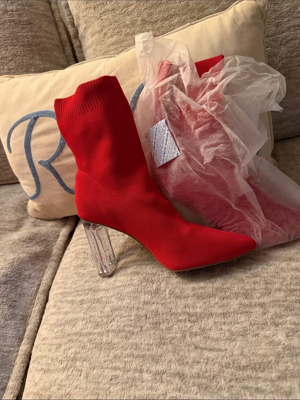 Red Sock Booties with Clear Block Heel - Women's Ankle Boots